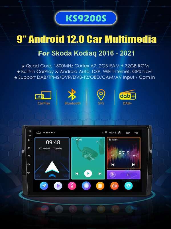 9"For Skoda Kodiaq 2016-2021 Car Stereo Android 12 GPS Sat Nav CarPlay DAB+Radio