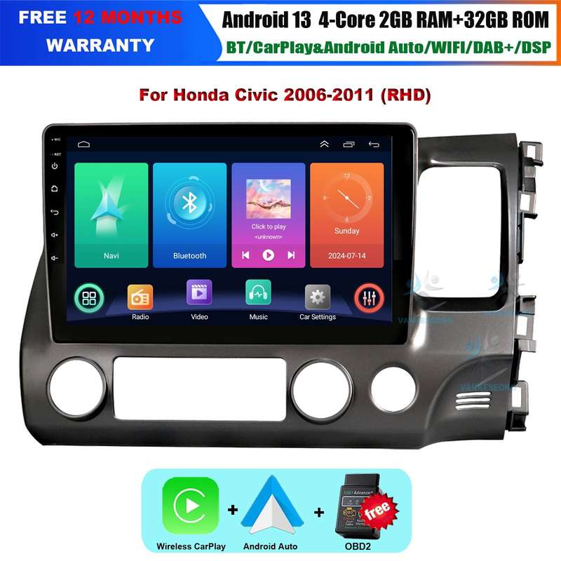 10" Android 13 CarPlay GPS Radio Car Multimedia Stereo For Honda Civic 2006-2011
