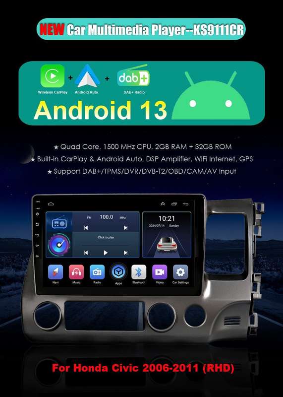 10" Android 13 CarPlay GPS Radio Car Multimedia Stereo For Honda Civic 2006-2011