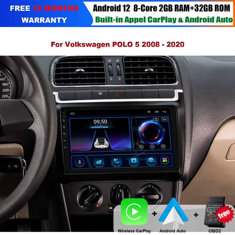 9" Car Radio For VW POLO 5 2008-2020 Android 12 CarPlay Stereo SatNav GPS BT DAB