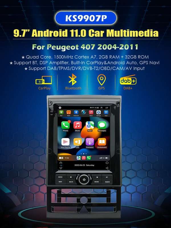 9.7'' For Peugeot 407 2004-2011 CarPlay DAB Radio Stereo Wifi Video GPS Android