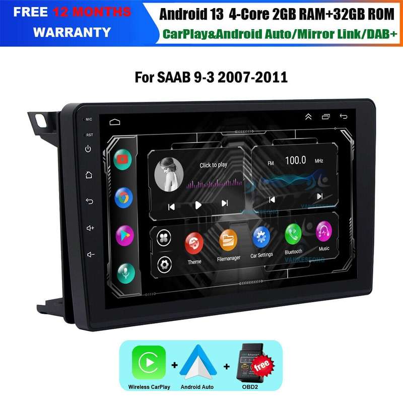 9 CarPlay GPS Sat Nav Android 13 For SAAB 9-3 2007-2011 Car Stereo Radio DAB+BT