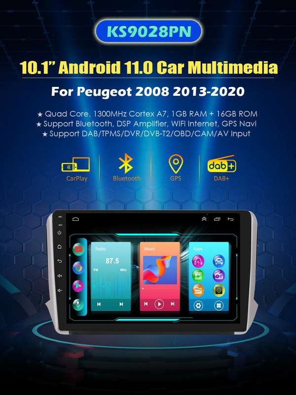 OBD+Android 12 Car Stereo DAB+ Sat Nav GPS Multimedia For Peugeot 2008 2013-2020