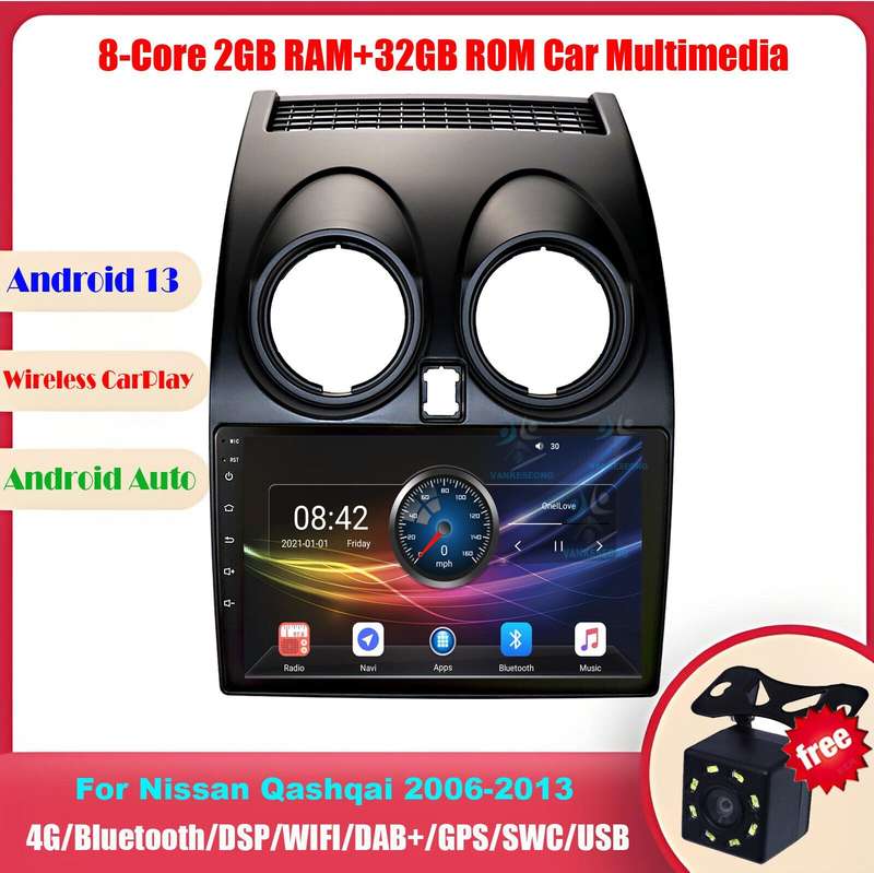 For Nissan Qashqai 2006-2013 CarPlay Android 13 Sat Nav GPS FM Radio Car Stereo