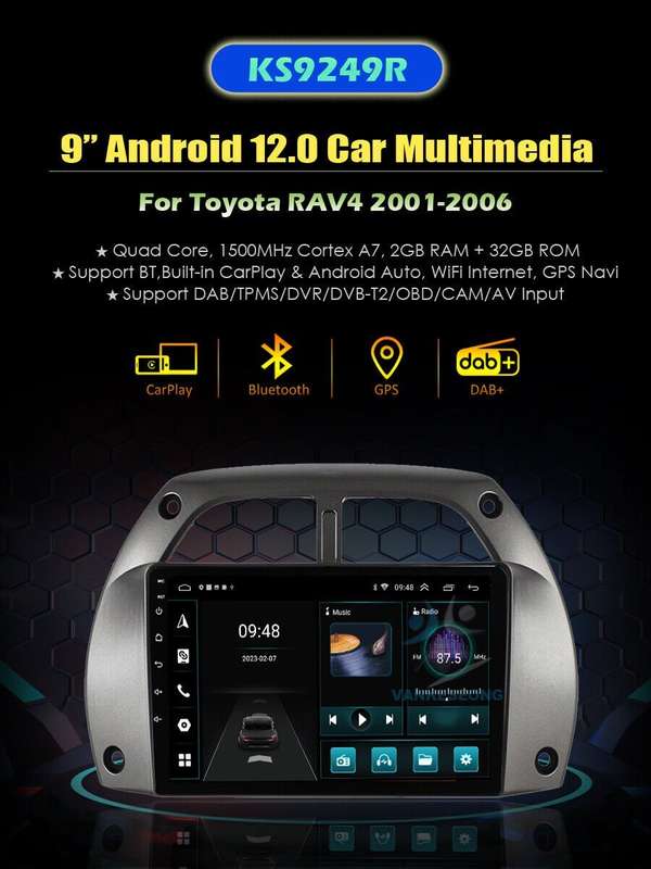 9" for Toyota RAV4 2001-2006 Car Radio Stereo Multimedia DAB+CarPlay GPS Sat Nav