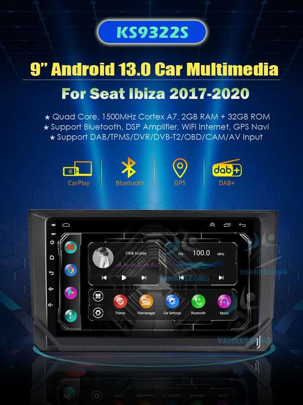 9" Android13 Car Stereo DAB+ Radio GPS SAT Navi Carplay For Seat Ibiza 2017-2020