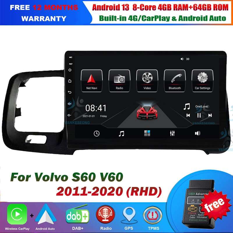 8-Core 64G CarPlay Sat Navi DAB Radio Stereo GPS 9" For Volvo S60 V60 2011-2020