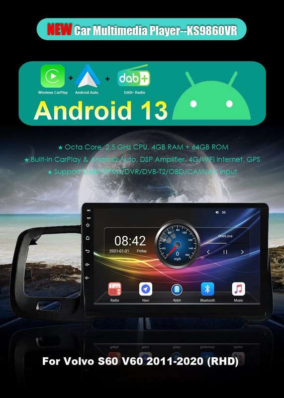 8-Core 64G CarPlay Sat Navi DAB Radio Stereo GPS 9" For Volvo S60 V60 2011-2020
