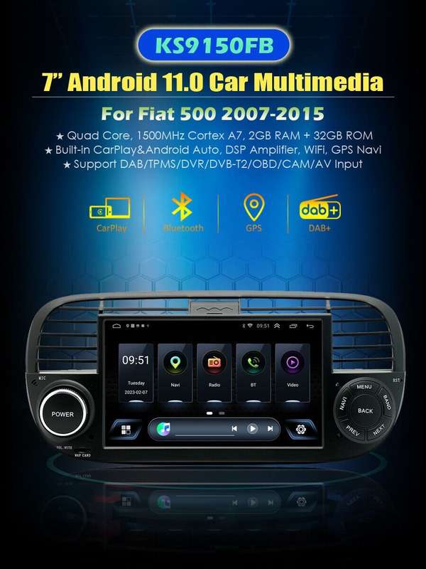 9"Android 11 Car Stereo DAB+GPS Sat Nav For Fiat 500 2007-2015 CarPlay Head Unit