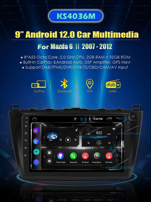 9" For Mazda 6 2007-2012 Android12 Car Radio Stereo GPS Sat Nav WIFI BT DAB+DSP