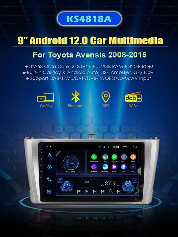 8-Core Android 12 Car Stereo Radio GPS 32GB For 2009-2015 Toyota Avensis Carplay