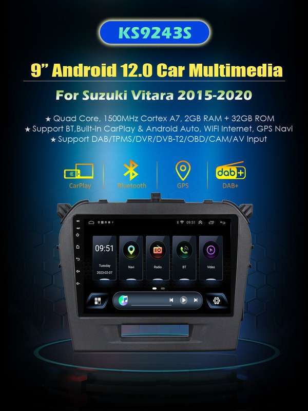 9" 32GB Android 12 CarPlay DAB+ Car Radio Stereo GPS For Suzuki Vitara 2015-2020