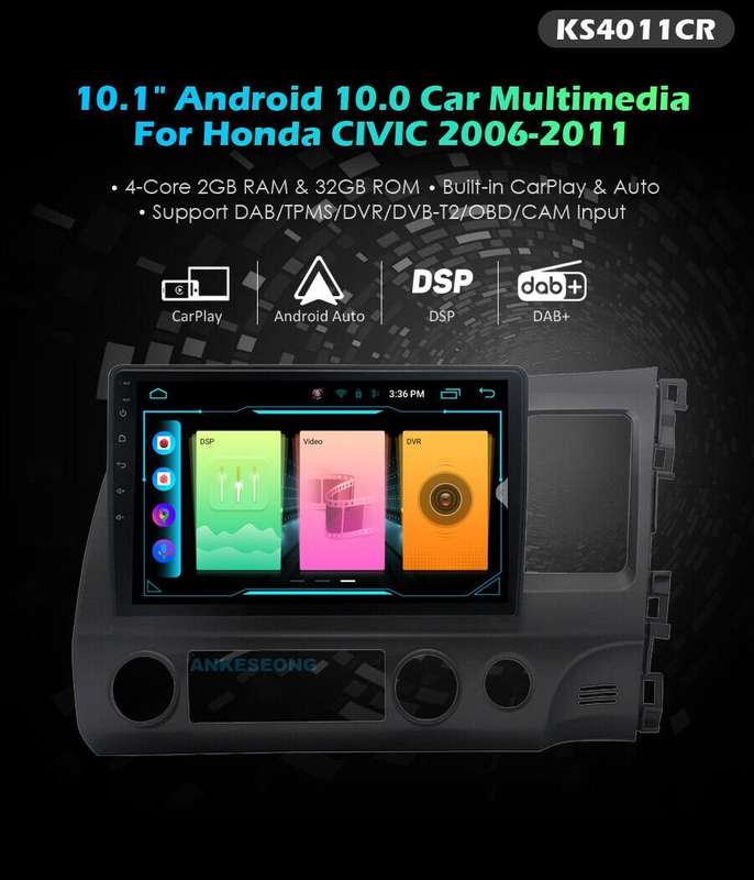 32GB Android 10 Head Unit Sat Nav DAB Radio BT CarPlay For Honda Civic 2006-2011