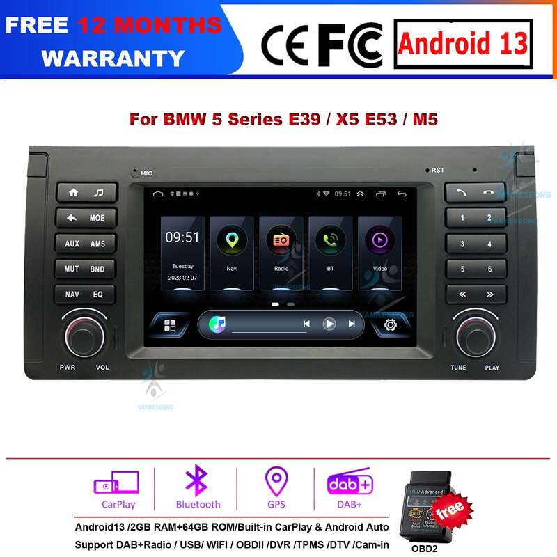For BMW 5Series E39 X5 E53 M5 Android13 CarPlay Car Stereo FM Radio DAB GPS 64GB
