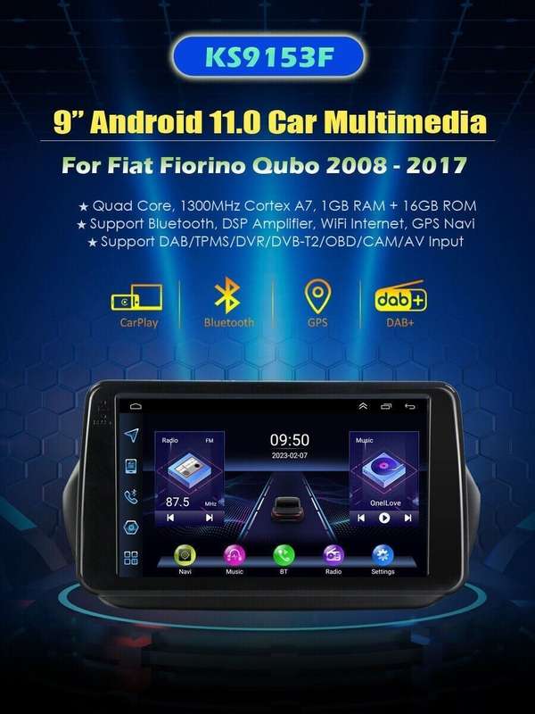 9" 1DIN Android 11 Car Radio Head Unit GPS Sat Nav For Fiat Fiorino Qubo 2008-17