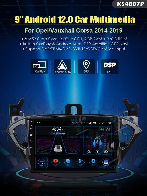 For Vauxhall Corsa 2014-2019 Android CarPlay Wifi Stereo DAB Radio Head Unit GPS