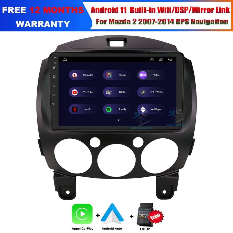 For Mazda 2 2007-2013 9" Android 11 Car Radio Stereo GPS SAT Nav WiFi BT USB+OBD