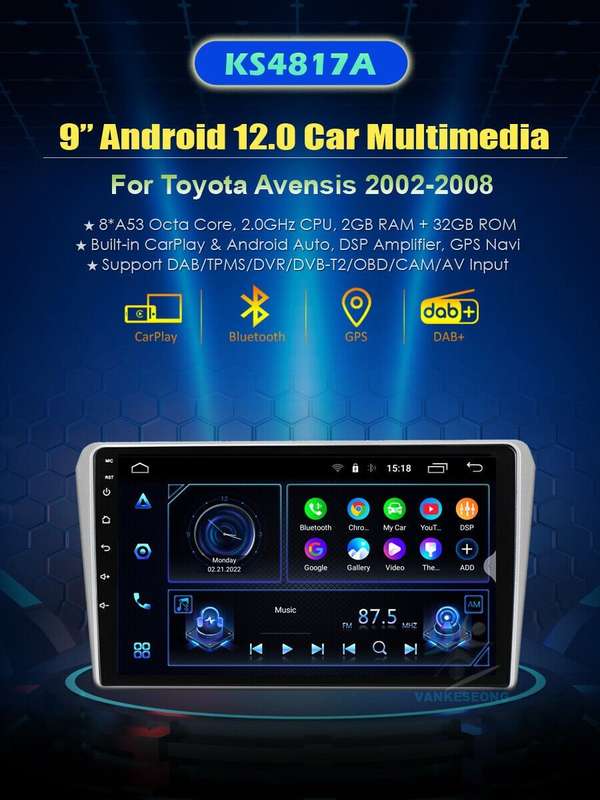 2Din BT Stereo CarPlay Radio Head Unit GPS Sat Navi For Toyota Avensis 2002-2008