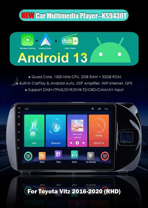 For Toyota Vitz 2016-2020 BT DAB+ Car Stereo GPS Navi Android Auto CarPlay Radio