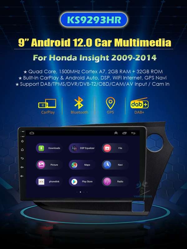2DIN Car Radio For Honda Insight 2009-2014 CarPlay Android12 Wifi Stereo GPS+obd