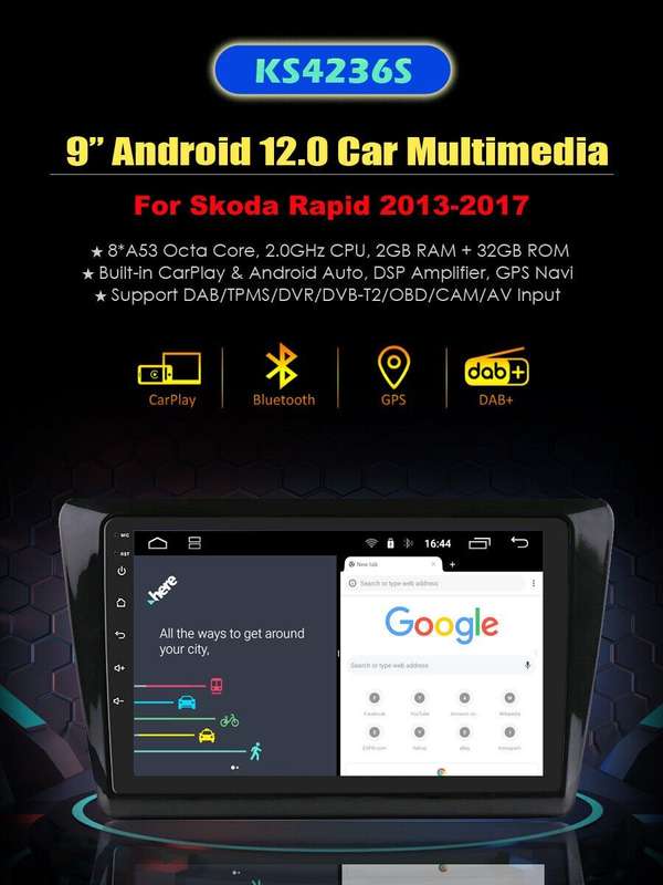 Android Auto Radio CarPlay for Skoda Rapid 2013-2017 BT Stereo Head Unit GPS DAB