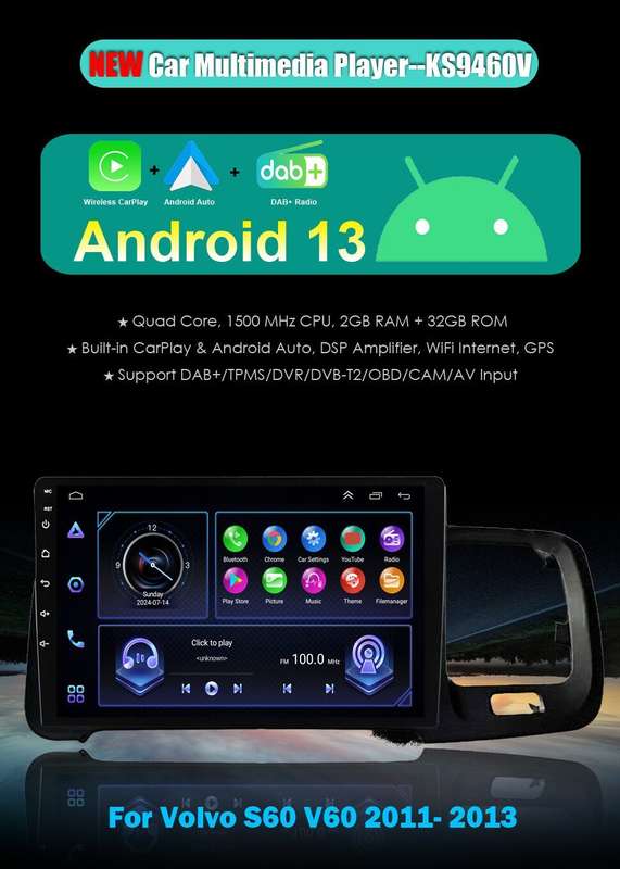 For Volvo S60 V60 2011-2013 DAB+ Autoradio Navigation BT Android Auto