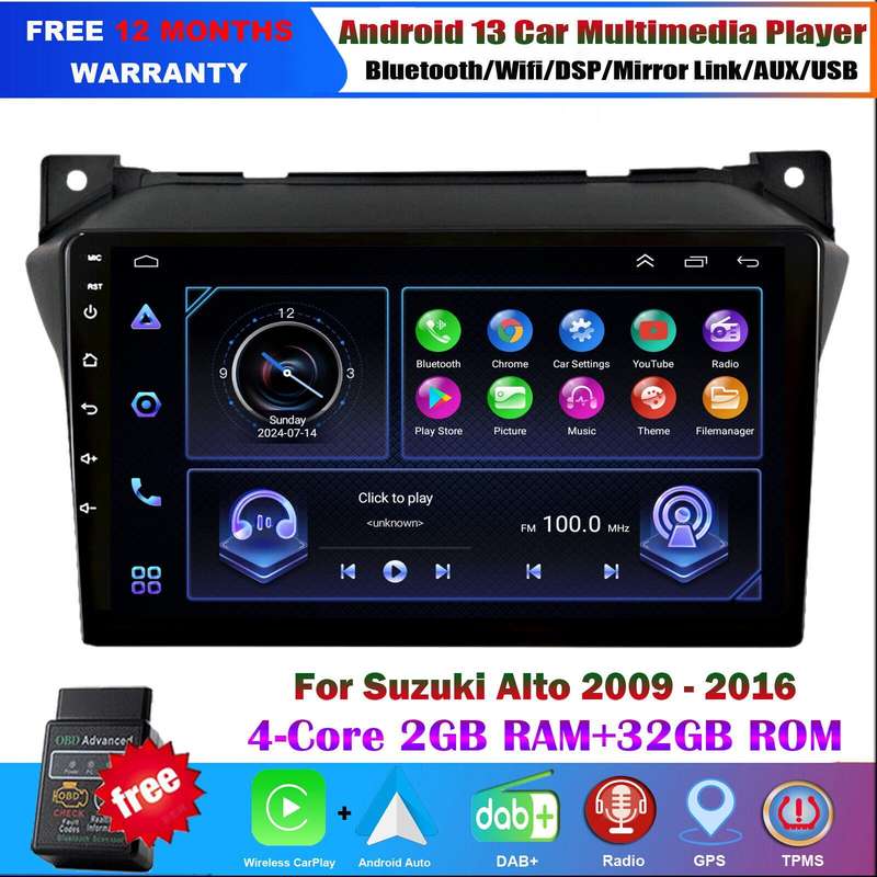 For Suzuki Alto 2009-2016 Android 13 Car Stereo Radio DAB+BT CarPlay GPS Sat Nav