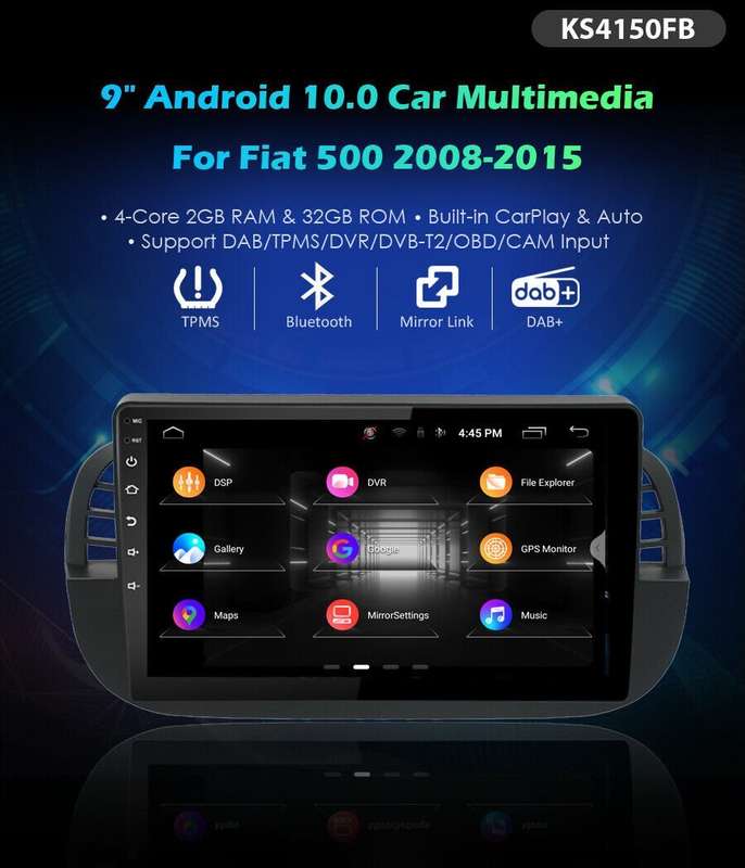 9" 32GB Android 10 Car Stereo GPS Navi DAB Radio for Fiat 500 2008-2015 +CarPlay