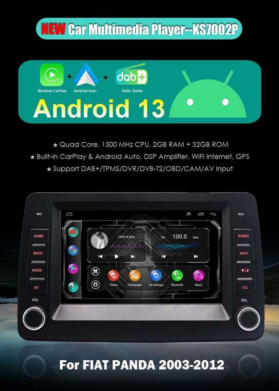 7" Car Multimedia DAB+ Radio Android13 Car Stereo Navi for Fiat Panda 2003-2012
