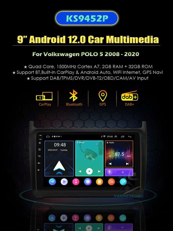 9" Android Auto For VW POLO 5 2008-2020 DAB Autoradio Navigation GPS Carplay+OBD