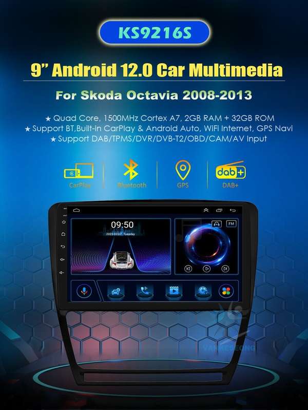 For 2008-2013 Skoda Octavia Car Stereo Head Unit Sat Nav Android12 DAB Radio+DVR