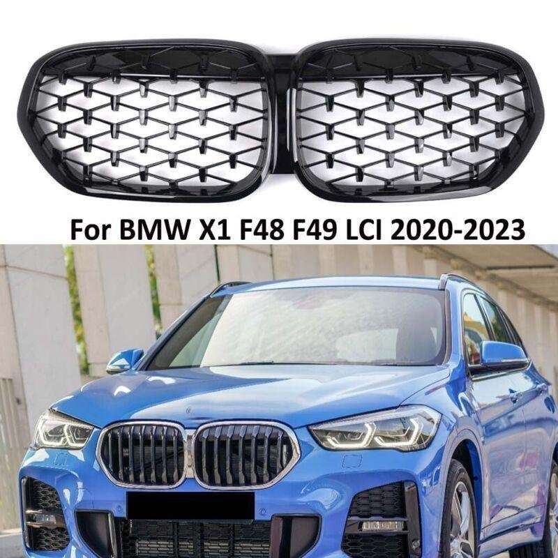 For BMW X1 F48 F49 LCI 2020-2023 Front Kidney Center Diamond Metor Grille Black