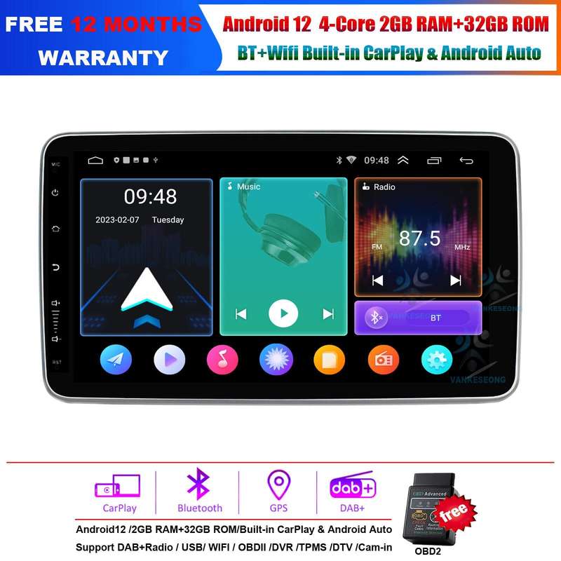 OBD+Double DIN Car Multimedia Android 12 Wifi Stereo 10.1" GPS Radio CarPlay DAB