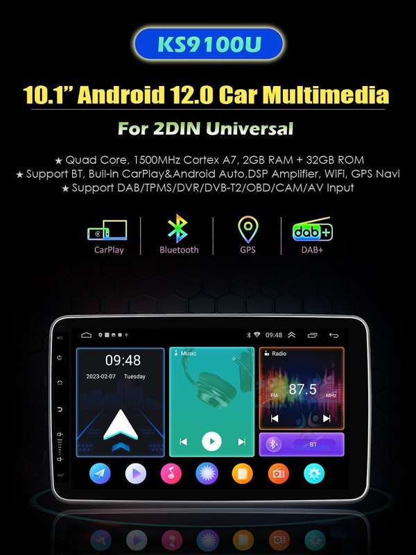 OBD+Double DIN Car Multimedia Android 12 Wifi Stereo 10.1" GPS Radio CarPlay DAB