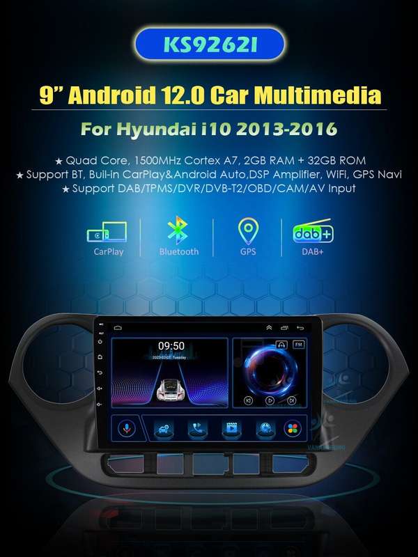 2+32GB CarPlay GPS Navigation DAB Autoradio Android 12 For Hyundai i10 2013-2016