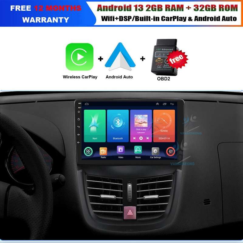 For Peugeot 207 CC 2006-2015 CarPlay Android Autoradio GPS DAB+ SatNav Bluetooth