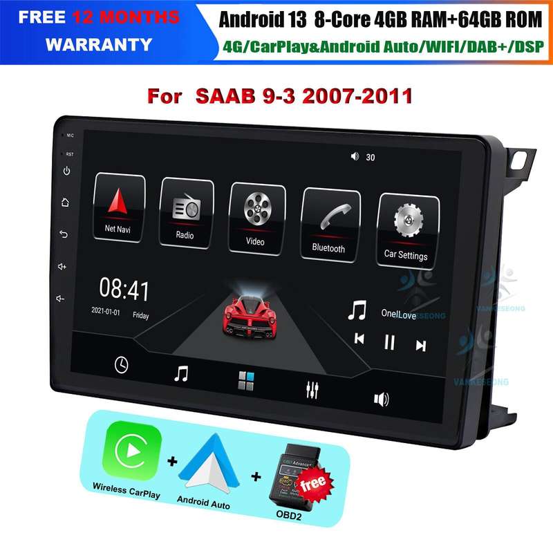9" 8-Kern 64GB BT Android Auto CarPlay For SAAB 9-3 2007-2011 GPS DAB+ Autoradio
