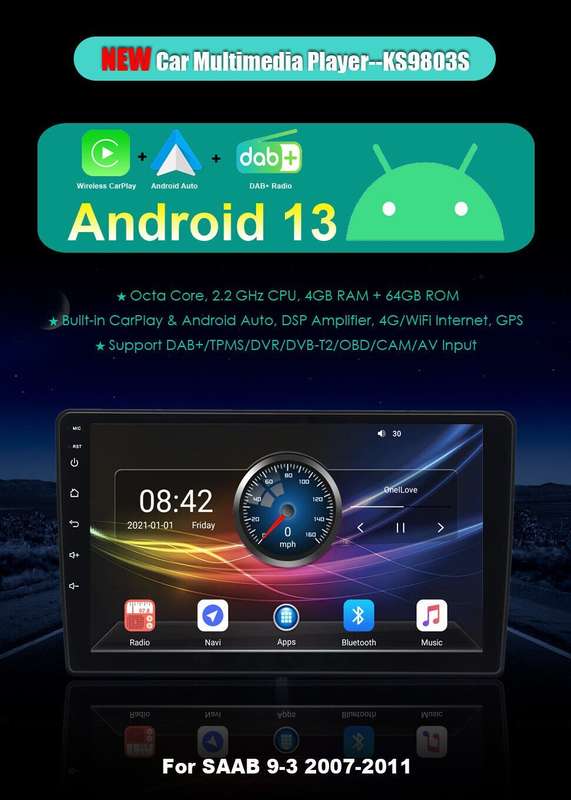 9" 8-Kern 64GB BT Android Auto CarPlay For SAAB 9-3 2007-2011 GPS DAB+ Autoradio