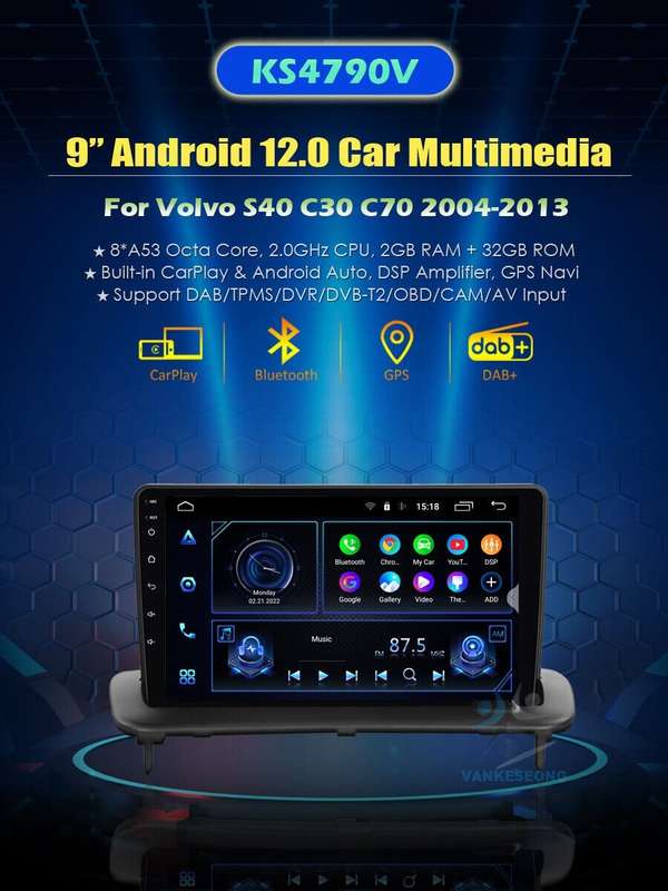 Android 12 Car Video Wireless CarPlay Radio Stereo For Volvo S40 C30 C70 2004-13