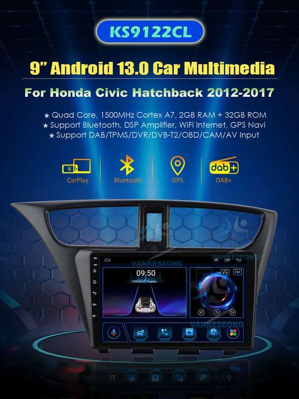 For Honda Civic Hatchback 2012-2017 CarPlay Android 13 Autoradio Navi GPS BT DAB