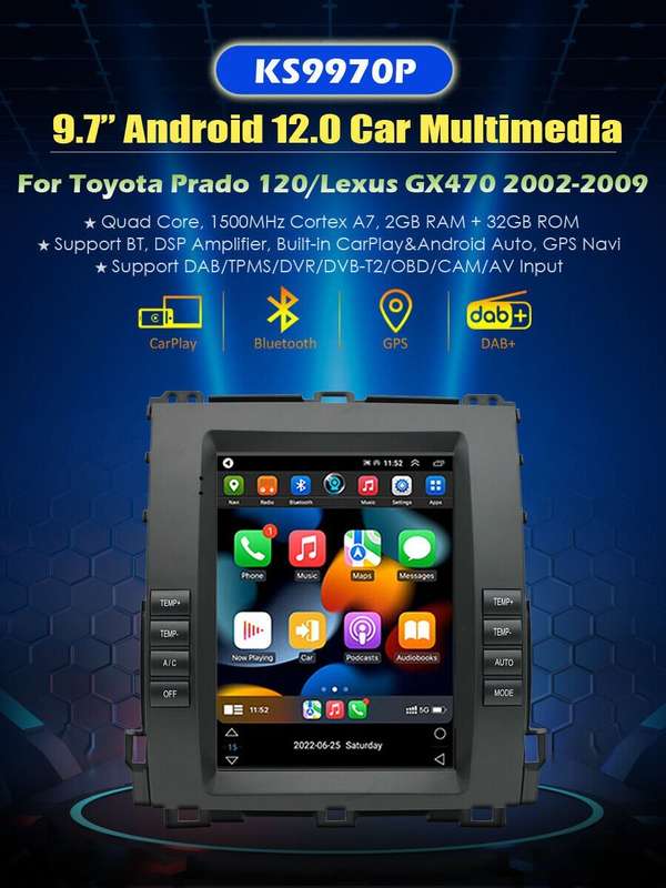 9.7" Bluetooth CarPlay DAB Autoradio GPS For Toyota Land Cruiser Prado 2002-2009