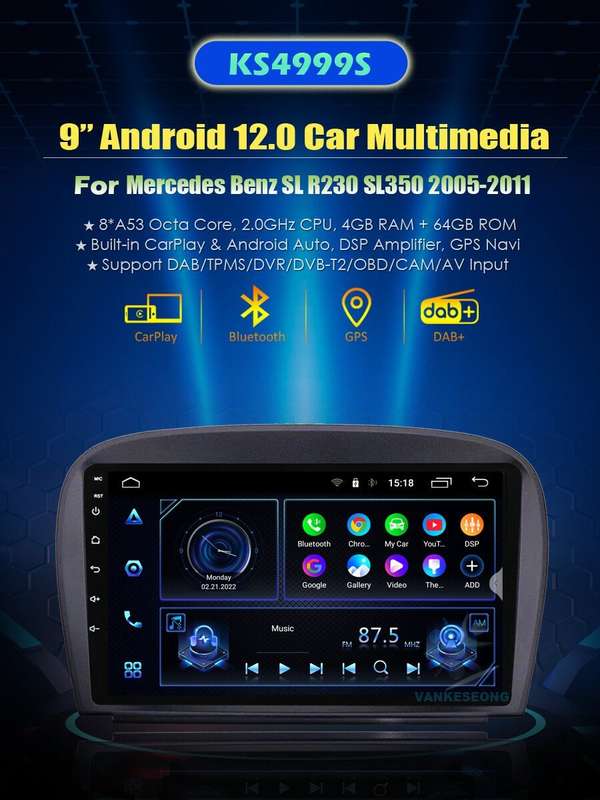 9" 64GB CarPlay GPS For Mercedes Benz SL R230 SL350 SatNav Android Autoradio DAB