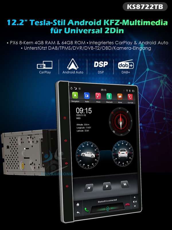 12.2 inch 2-DIN Android GPS Navigation 4G DAB+ Autoradio Bluetooth Screen 4+64GB