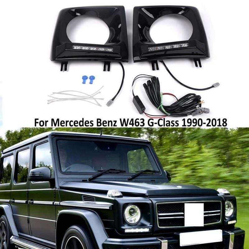 Headlight Bezel Pair For 1990-2018 Mercedes W463 G63 Wagon G500 w/ LED DRL Black