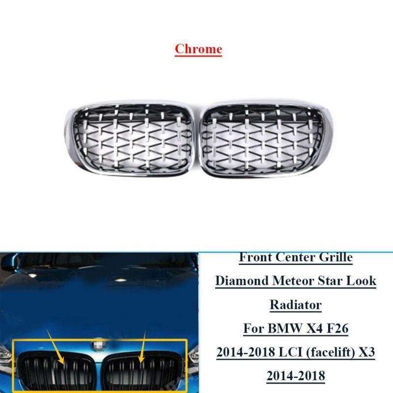 2x Chrome Diamond Style Meteor Front Center Grilles For BMW X3 F25 X4 F26 14-18