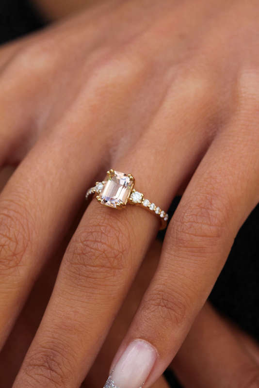 1.5ct Emerald Cut Morganite Trilogy Ring