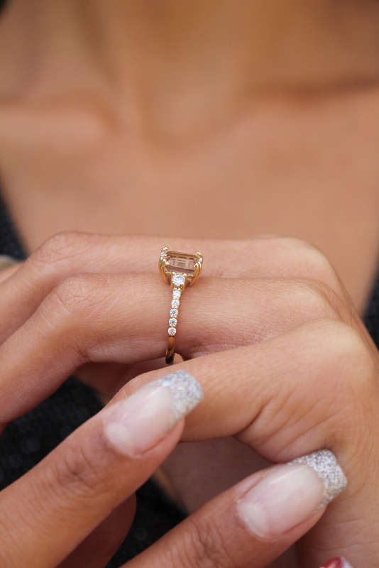 1.5ct Emerald Cut Morganite Trilogy Ring