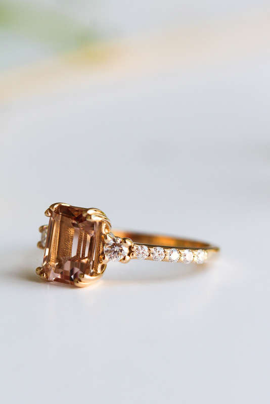 1.5ct Emerald Cut Morganite Trilogy Ring