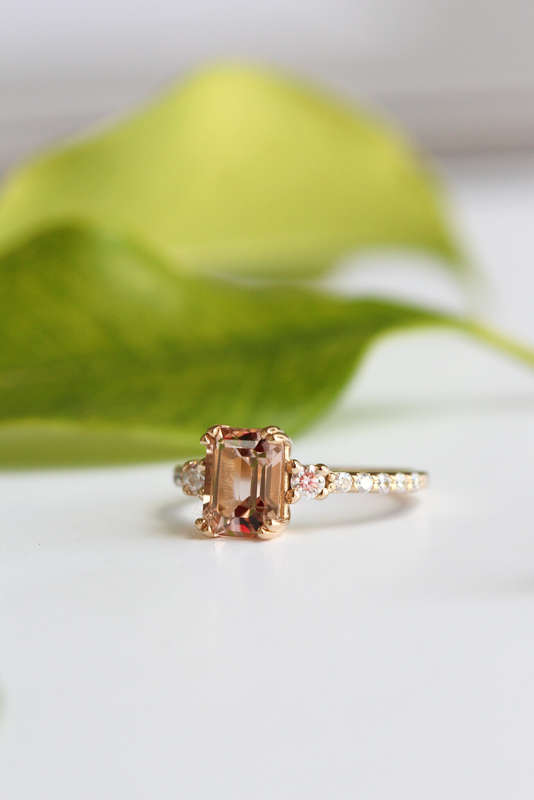 1.5ct Emerald Cut Morganite Trilogy Ring