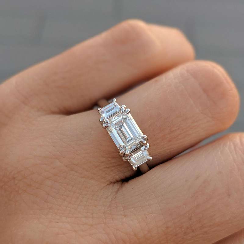 3 Stone Emerald Cut Moissanite Engagement Ring